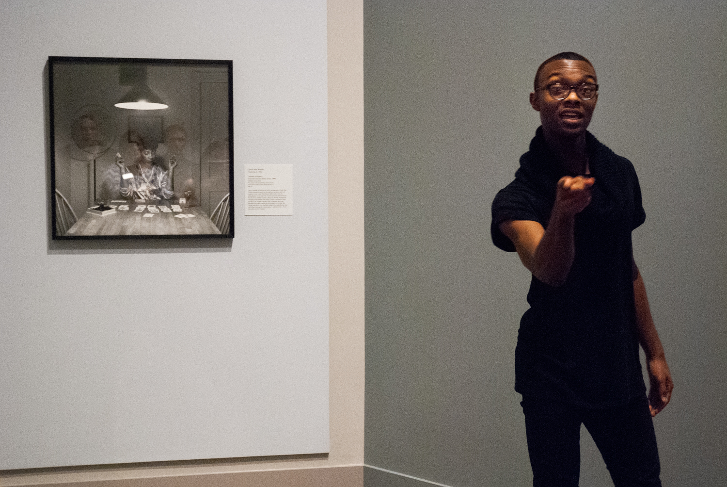 A student actor at the Palmer in collaboration during an Art After Hours event