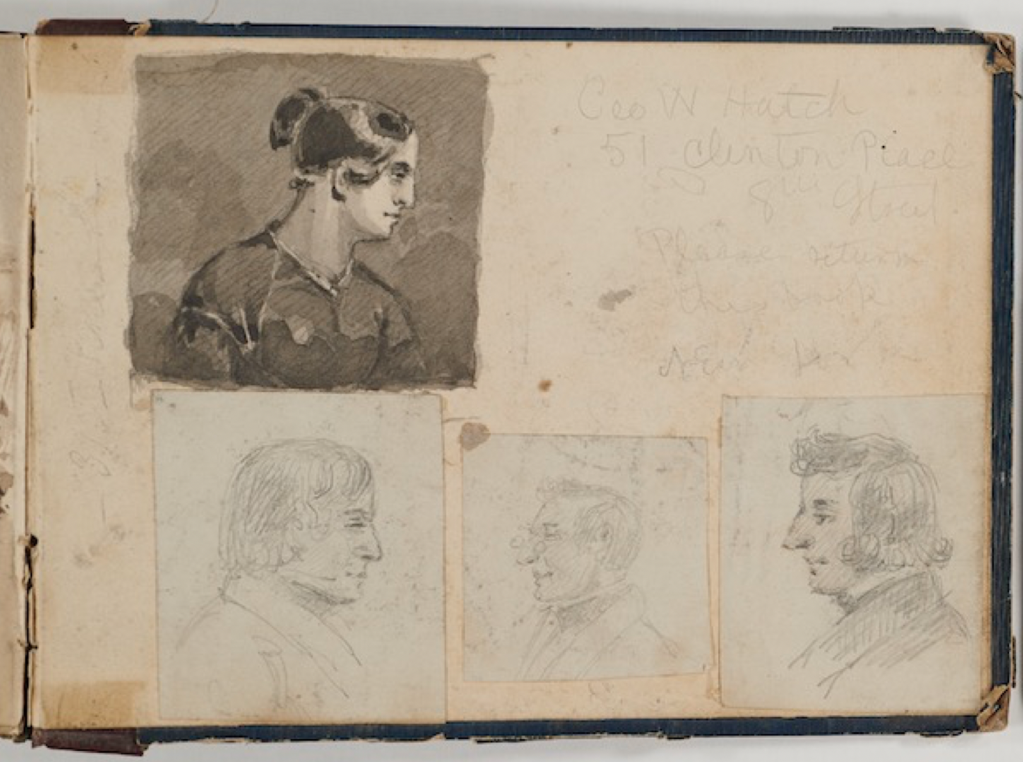 George Whitehead Hatch (American, 1805-1867), Sketchbook, 1844, graphite, sepia, watercolor and ink on paper, blue cover with brown binding, 4-3/4 x 6-11/16 x 9/16 inches. The John Driscoll American Drawings Collection, 2018.144