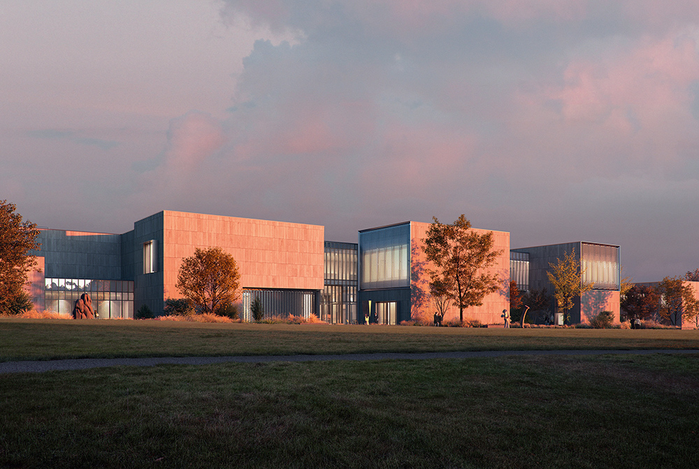 The new Palmer Museum of Art at Penn State. View from the Overlook Pavilion in the Arboretum. Architect: Allied Works. Rendering: Courtesy of MIR.