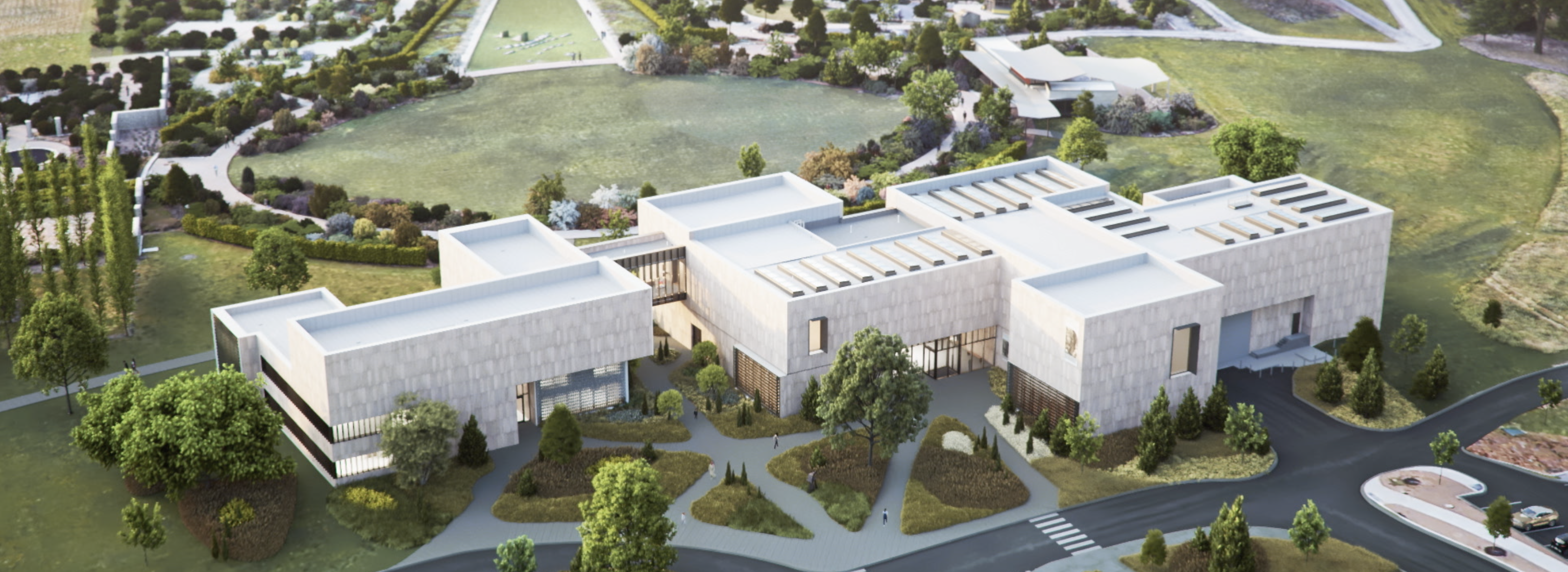 Overhead view of the new Palmer Museum of Art depicted in a 3D animation fly-through. Image by Allied Works | Rendering courtesy Brooklyn Digital Foundry