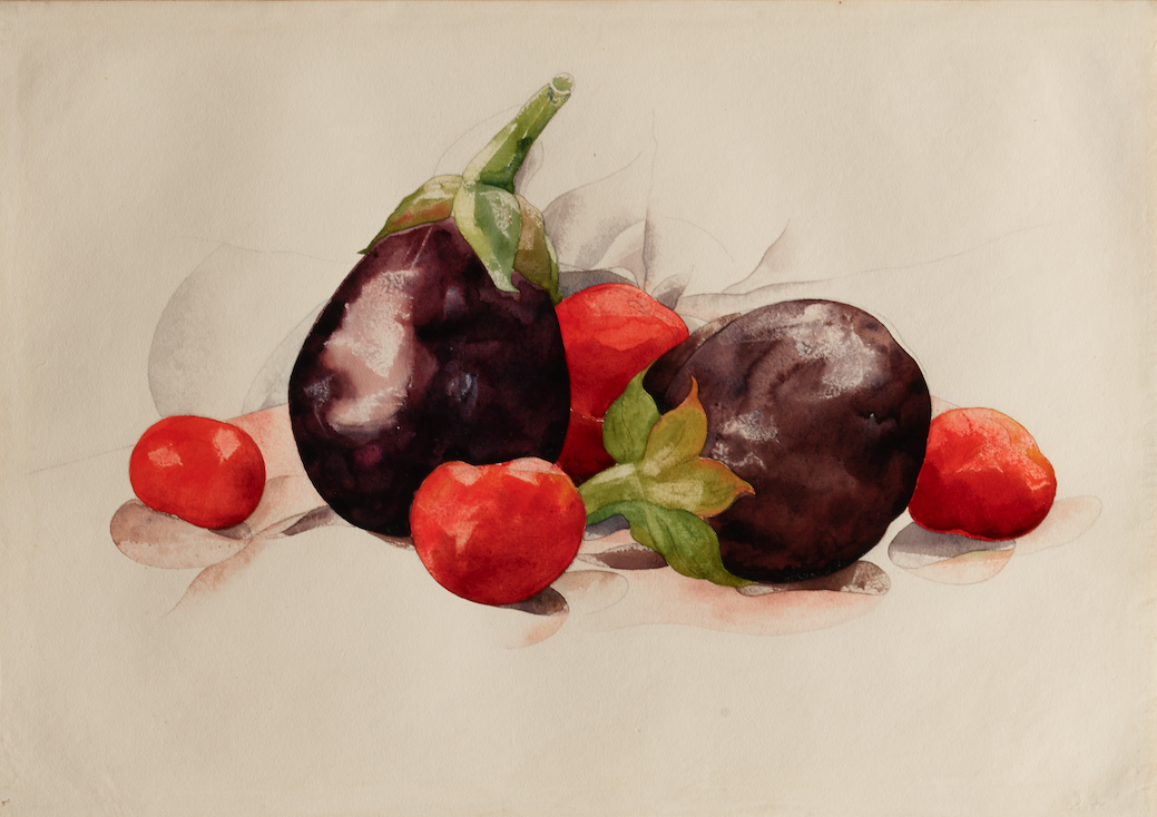 Charles Demuth (American, 1883–1935), Eggplant and Tomatoes, c. 1927, watercolor on paper, 13-7/8 x 19-7/8 inches. Palmer Museum of Art, Bequest of James R. and Barbara R. Palmer, 2019.55