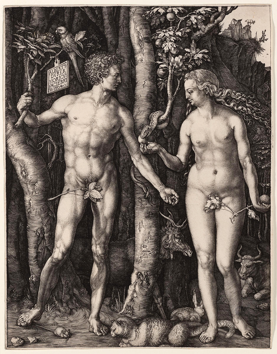 Albrecht Dürer, Adam and Eve, 1504, engraving, 9 7/8 × 7 9/16 inches. Bequest of Charles J. Rosenbloom, Carnegie Museum of Art, 74.7.81. Image courtesy of Carnegie Museum of Art, Pittsburgh