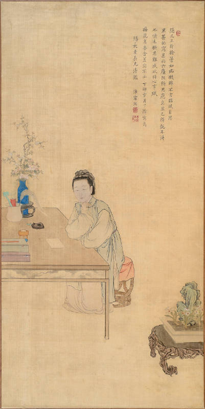 P'ei Lin-Jen (Chinese), Lady seated at a Writing Table, 18th/19th century, ink and colors on silk, 46-1/4 x 22-15/16 inches. Gift of Mrs. Henry D. Sharpe, 77.102